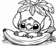 stitch assis sur une banane dessin à colorier