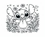 stitch mignon entoure de fleurs   illustration monochrome dessin à colorier