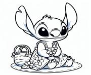 stitch avec des fleurs et un panier dessin à colorier