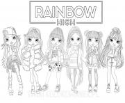 illustration de six personnages rainbow high en noir et blanc dessin à colorier