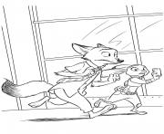 Coloriage nick wilde avec un sac et judy hopps discutant avec un elephant a zootopie dessin