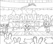 Coloriage nick wilde avec un sac et judy hopps discutant avec un elephant a zootopie dessin