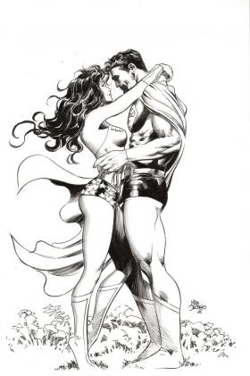 Coloriage wonder woman en amour avec super man dc comics romantique moment dessin