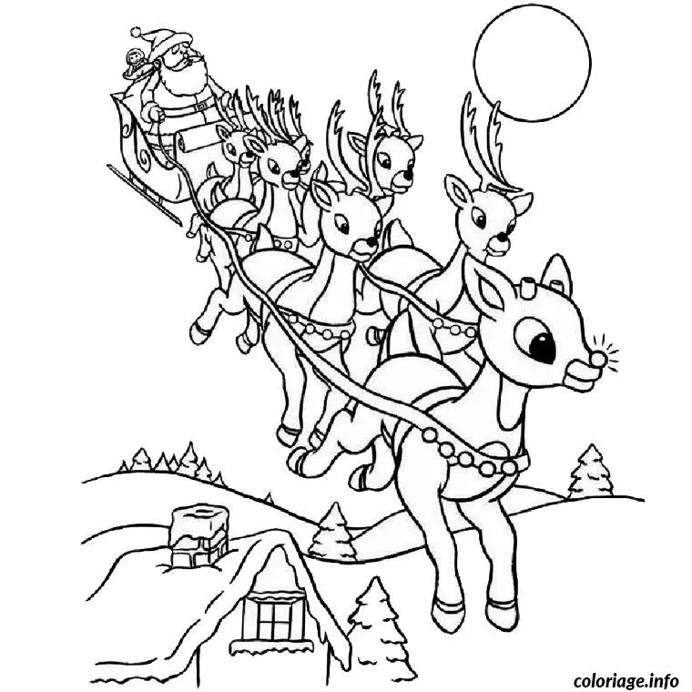 Coloriage Père Noël dans le ciel - Père Noël à imprimer