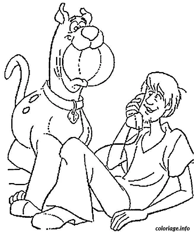 Coloriage Scoubidou mange un ballon et sammy est au téléphone - Scooby doo à imprimer