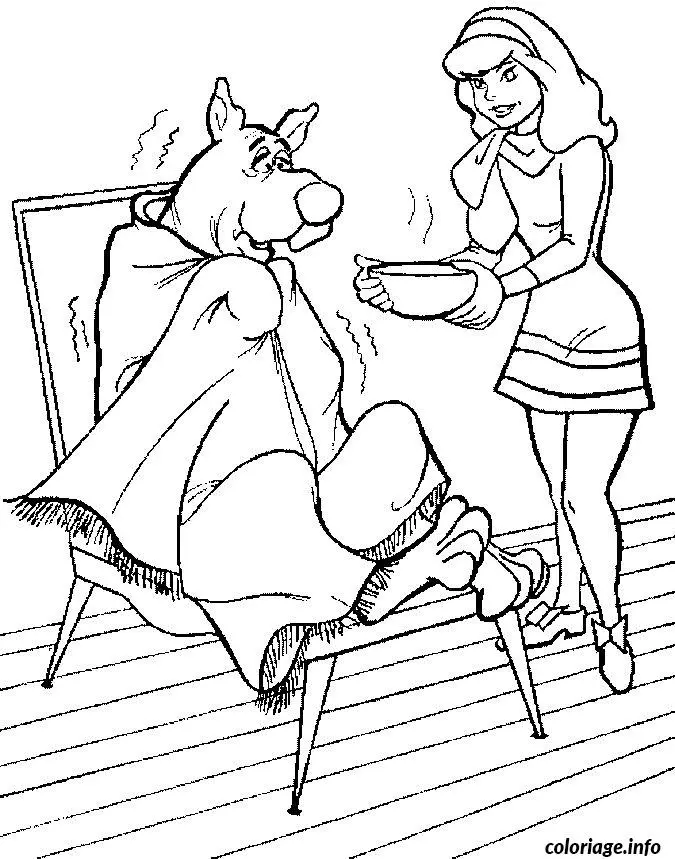 Coloriage Daphne donne de la soupe a scoubidou - Scooby doo à imprimer