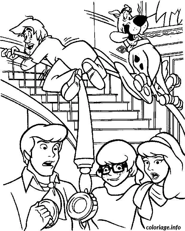 Coloriage Sammy et scoubidou sur une rampe d'escalier - Scooby doo à imprimer