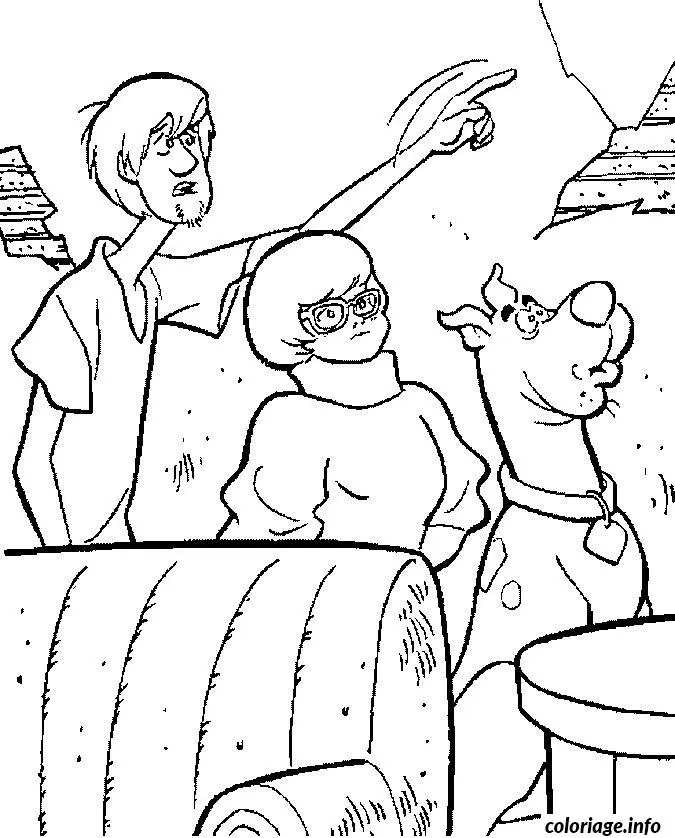 Coloriage Sammy vera et scoubidou dans une pièce - Scooby doo à imprimer