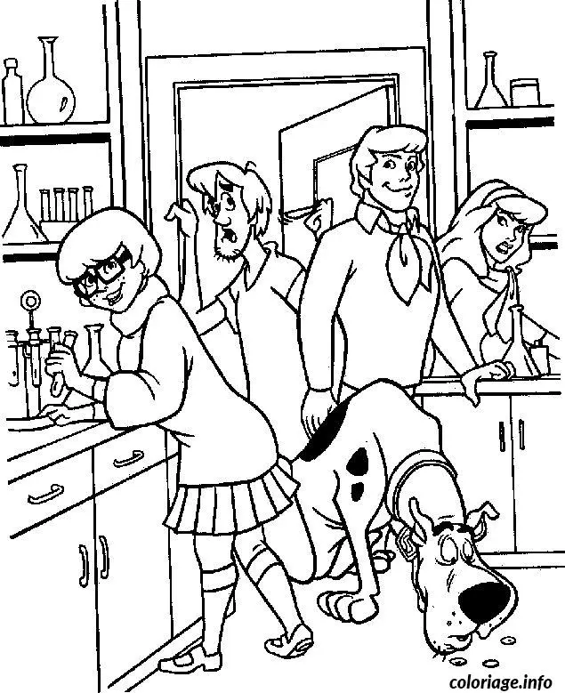 Coloriage Scoubidou et sa bande dans un laboratoire - Scooby doo à imprimer