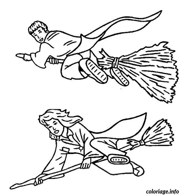 Coloriage Hermione et ron sur leurs balai magique - Magique à imprimer