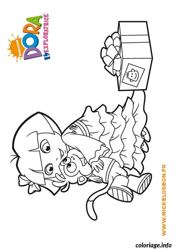 Coloriage Dora recoit un cadeau de babouche - Dora à imprimer