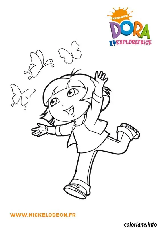 Coloriage Dora court après les papillons - Papillon à imprimer