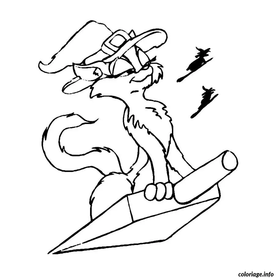 Flying Cat on a Broomstick coloring page to print
