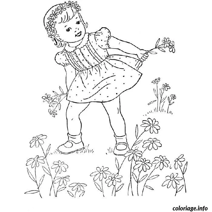 Coloriage Fille cueillir des fleurs - Fleurs à imprimer