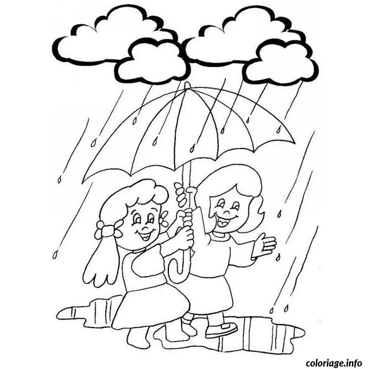 Coloriage Petites filles heureuses sous la pluie - Fille à imprimer