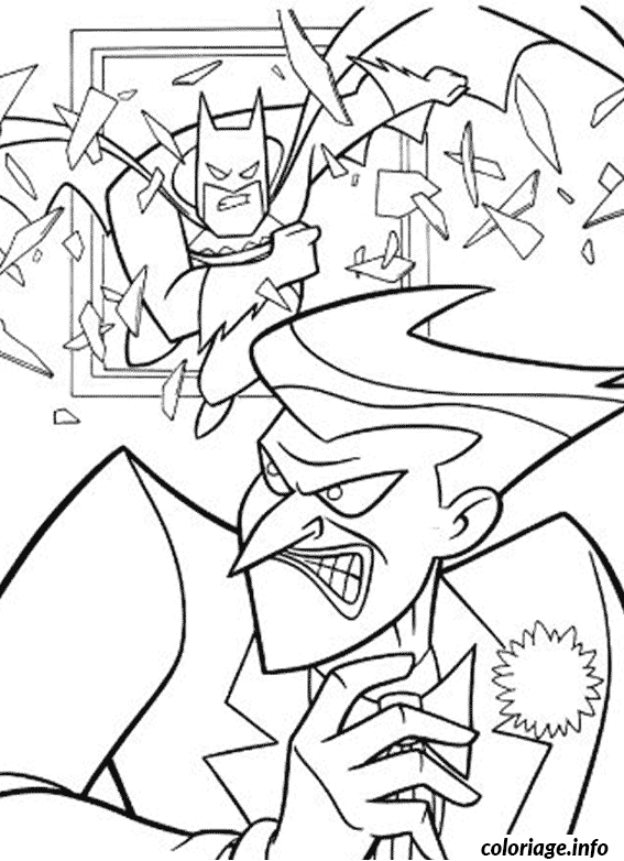 Coloriage Batman casse une fenêtre pour poursuivre joker - Batman à imprimer