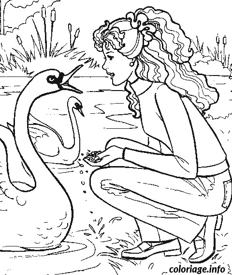Coloriage Barbie donne  a manger a un cygne - Barbie à imprimer