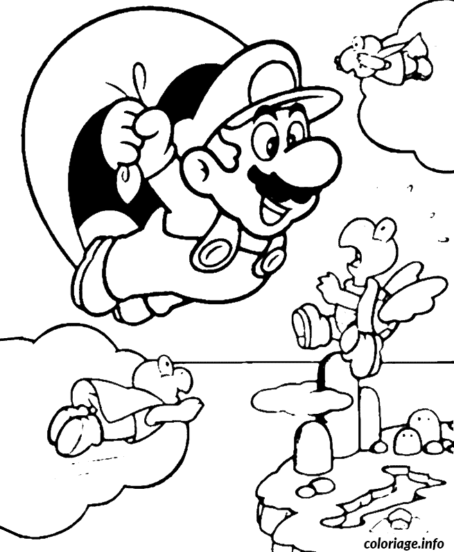 Coloriage Mario vole avec un parachute - Mario à imprimer