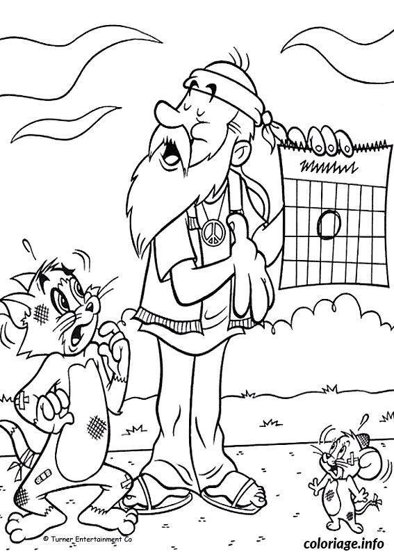 Tom, Jerry, and a Hippie coloring page to print