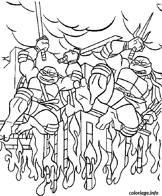 Coloriage Tortues Ninja combattant dans les flammes - Tortue à imprimer