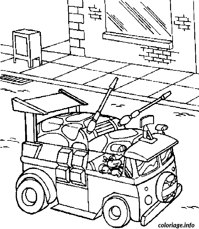 Coloriage Tortue Ninja pilotant un véhicule armé - Tortue à imprimer