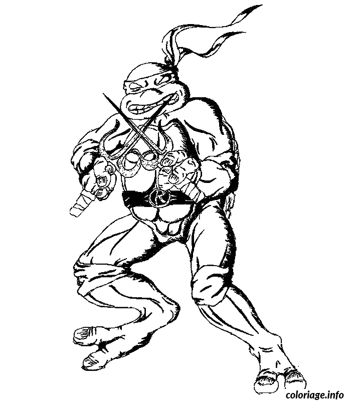Coloriage Tortue ninja bondissant en action - Tortue à imprimer