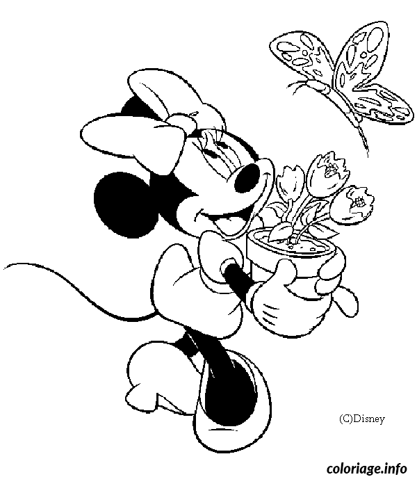 Coloriage Minnie porte un pot de fleur - Minnie à imprimer