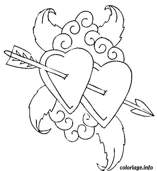 Coloriage St valentin deux cœurs avec une flèche - Coeur à imprimer