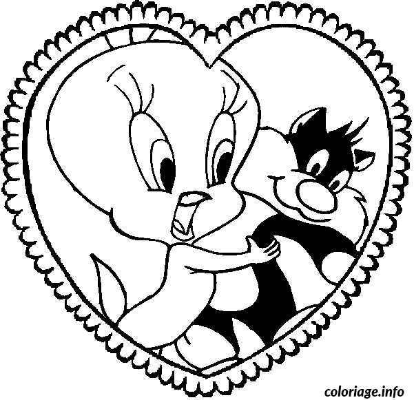 Coloriage St valentin titi et grosminet dans un cœur - Coeur à imprimer