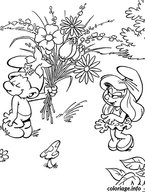 Smurf Gives a Flower Bouquet to Smurfette coloring page to print