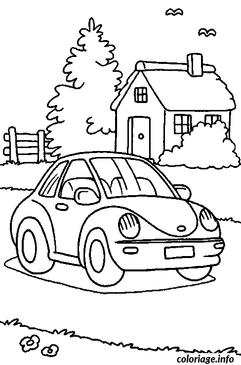 Coloriage Voiture devant une maison - Voiture à imprimer