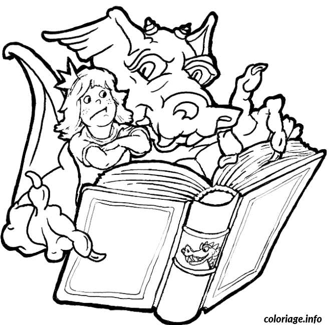 Coloriage Dragon et petite fille lisent un livre - Dragon à imprimer