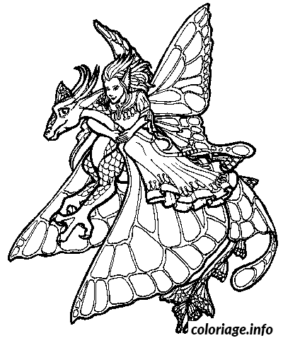 Coloriage Fée sur le dos d'un dragon - Dragon à imprimer