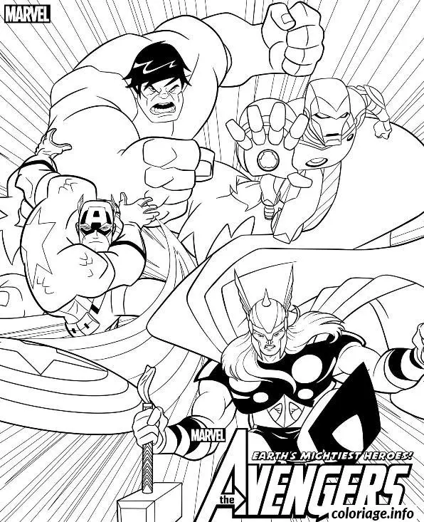 Coloriage Équipe Avengers : Hulk Thor Iron Man - Captain america à imprimer