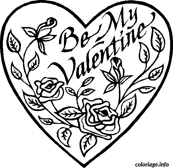 Coloriage Cœur avec roses et texte Valentine - Dessin à imprimer