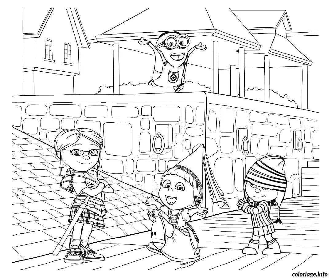 Coloriage Dessin minions avec les filles - Minions à imprimer