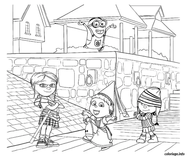 Coloriage Dessin minions avec les filles - Minions à imprimer