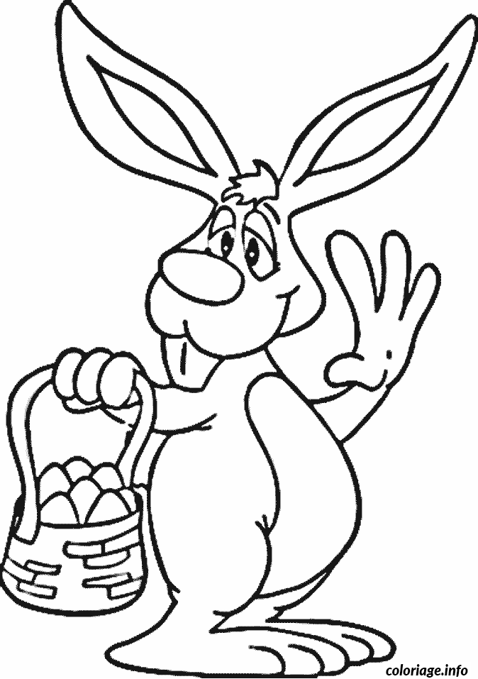 Coloriage Pâques lapin grandes oreilles avec un panier d'œufs - Pâques à imprimer