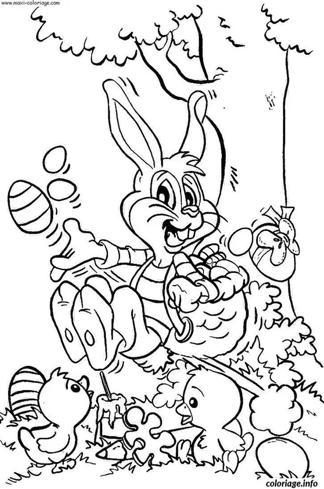 Coloriage Scène de Pâques avec œufs et lapins - Dessin à imprimer