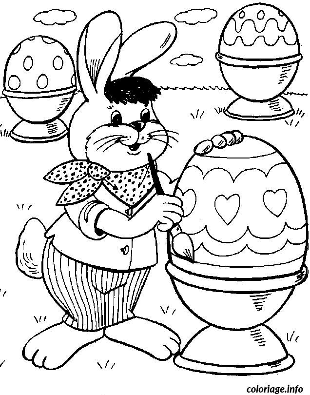 Coloriage Lapin de Pâques avec œufs décorés - Dessin à imprimer
