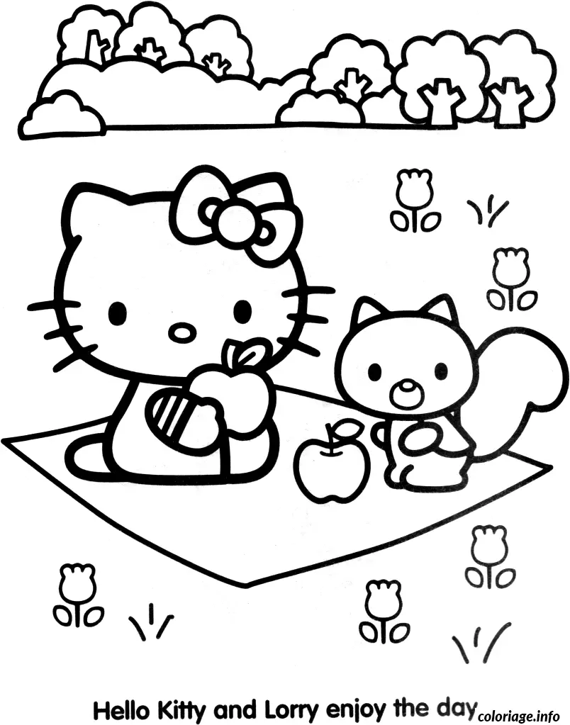 Coloriage Hello Kitty dansant joyeusement - Hello kitty à imprimer