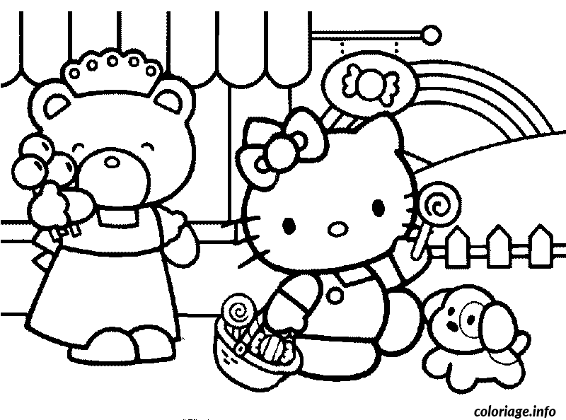Coloriage Hello Kitty dansant avec ses amies - Hello kitty à imprimer