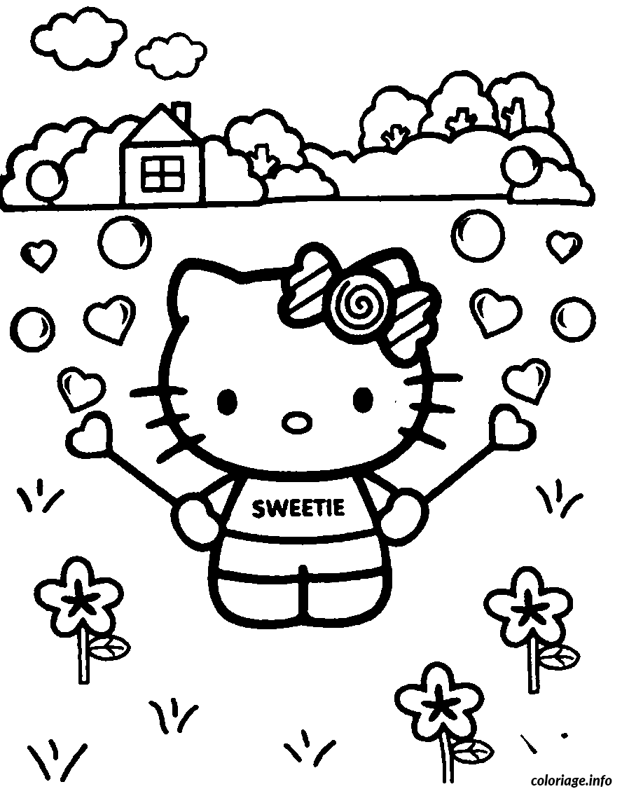 Coloriage Hello Kitty dansante avec accessoires - Hello kitty à imprimer