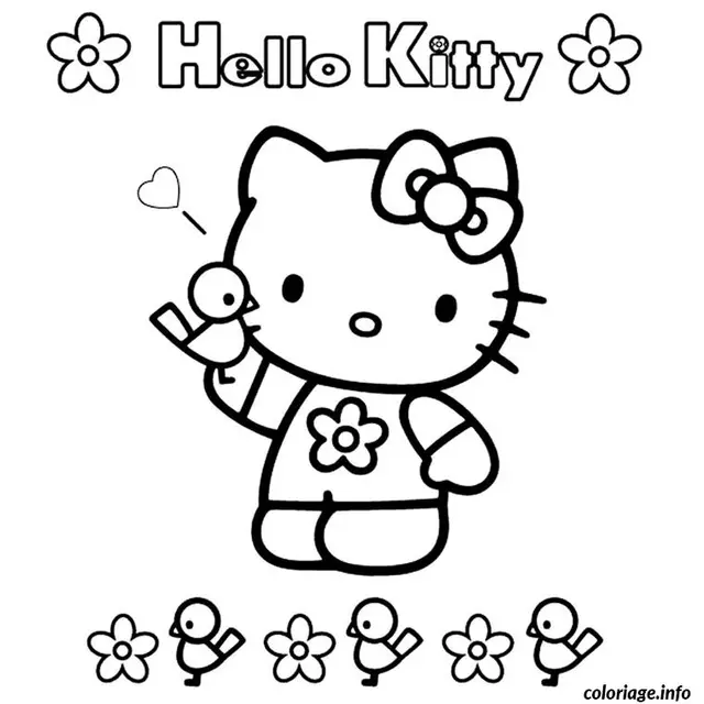 Coloriage Hello Kitty souriante avec nœud rose - Hello kitty à imprimer