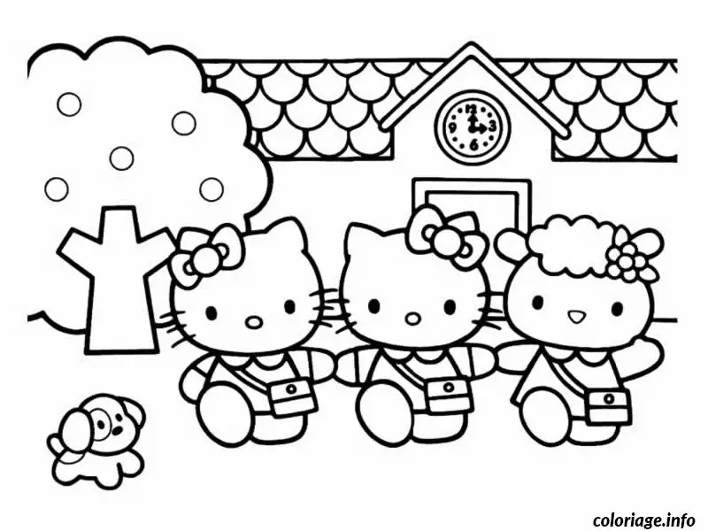 Coloriage Hello Kitty souriante avec nœud rose - Hello kitty à imprimer
