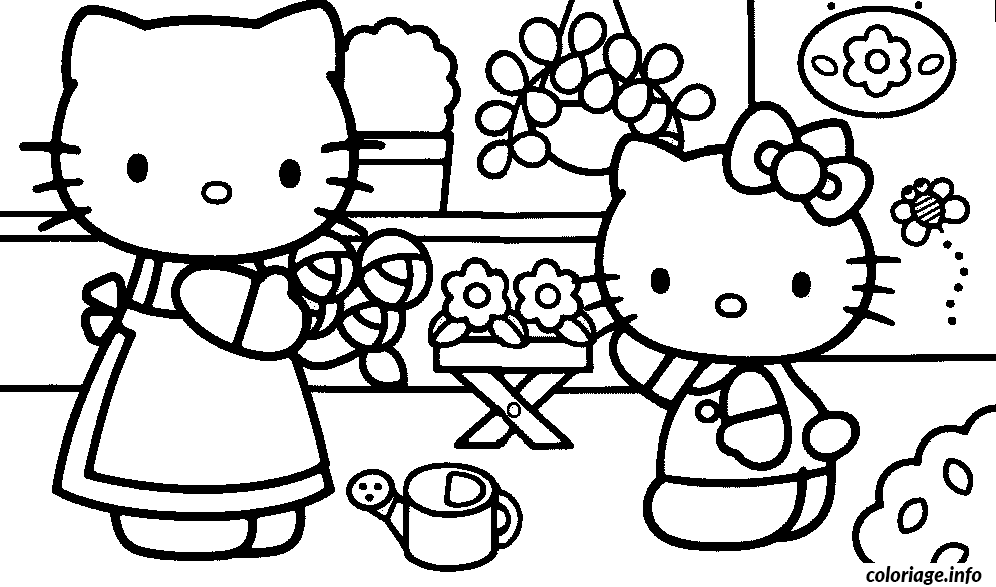 Coloriage Hello Kitty jouant avec son nœud - Hello kitty à imprimer