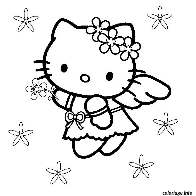 Coloriage Hello Kitty dans un jardin de fleurs - Hello kitty à imprimer