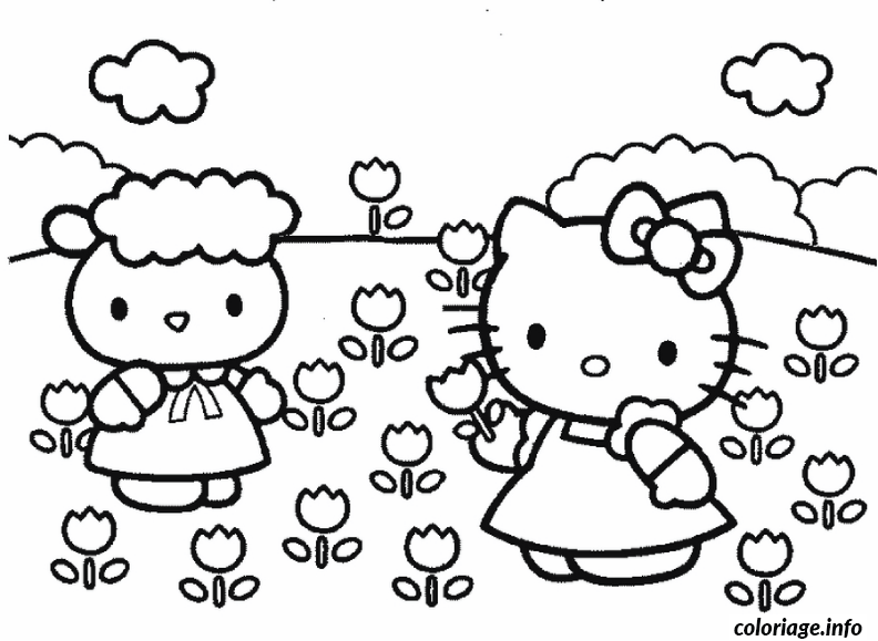 Coloriage Hello Kitty souriante tenant un cœur - Hello kitty à imprimer