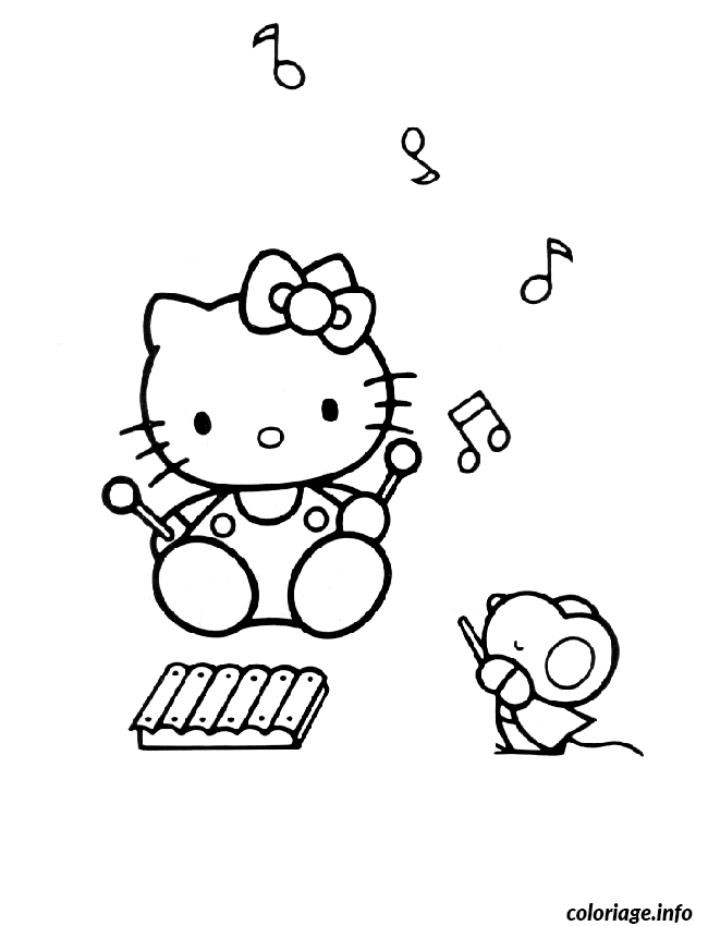 Coloriage Hello Kitty souriante avec nœud rose - Hello kitty à imprimer