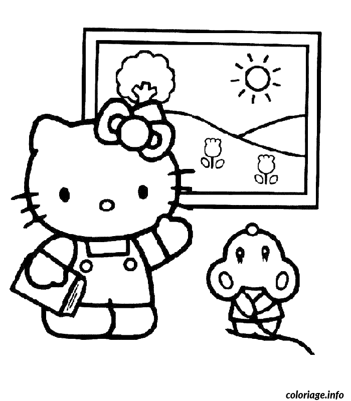 Coloriage Hello Kitty en robe festive avec accessoires - Hello kitty à imprimer